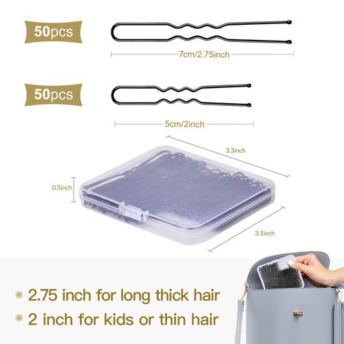 Hair Pins for Women, IKOCO 2 Inch and 2.75 Inch Hair Pins for Buns Black U Shaped Hair Pins with Storage Box, 50Pcs of each size