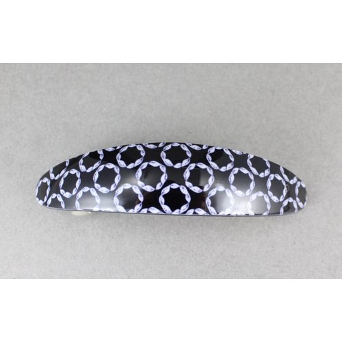 Black White curved barrette hair clip accessory 3.5 inches long circles rings pattern