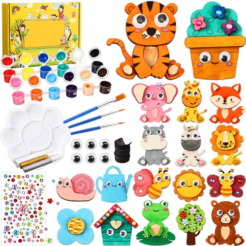 Relaxweex 18 Pcs DIY Wooden Magnets Painting Kit, Forest Animals Arts and Crafts Supplies Painting Craft Activities Kit for Family Crafts Gifts Birthday Christmas Basket Stuffers Party Favors