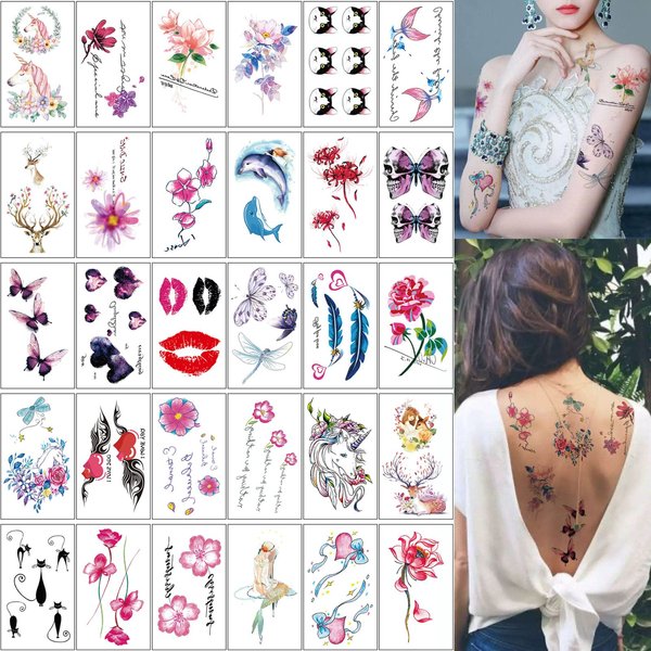 30 Sheets Butterfly Temporary Tattoos For Women Girls Adults 3D Butterflies Sexy Fake Tattoo Stickers Waterproof Body Art Colored Temp Tattoo Paper (S30 F)
