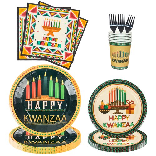 Crazy Night 120Pcs Kwanzaa Party Disposable Tableware Set, 24 Guests Party Supplies with 7" and 9" Plates, Napkins, Forks for Family Dinner Party Decorations - Serves 24