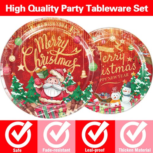 51PCS Christmas Party Supplies Christmas Merry Gold Red Tableware Set Santa Claus Christmas Tree Dining Plate,Napkins,Tablecloth,Forks,Snowman Tableware Party Decoration Disposable Tableware,10 Guests