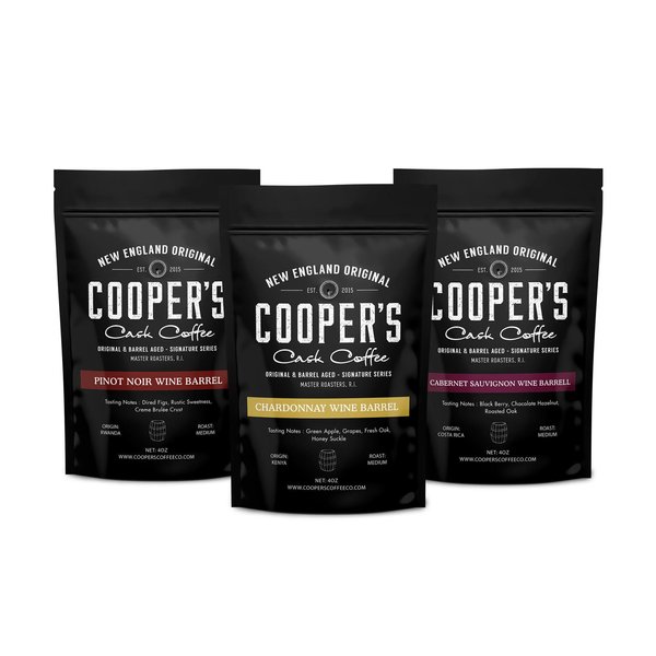 Wine Barrel Aged | Whole Bean | Coffee Box Set, Sample Gift Set - Medium Roast - Chardonnay, Pinot Noir, Cabernet Sauvignon 12oz