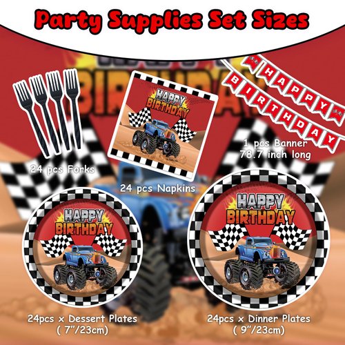 Monster Truck Party Supplies Kit for 24 Guests - 97 Pcs Including Plates, Forks, Napkins, Bunting - Ideal for Kids' Monster Truck-Themed Birthdays and Baby Showers