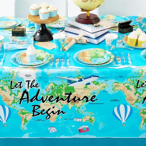WERNNSAI Adventure World Awaits Tablecloth - 2 PC 54" x 108" Travel Themed Party Decorations World Theme Table Cover Disposable Tablecloth for Boys Baby Shower Birthday Graduation Party Supplies