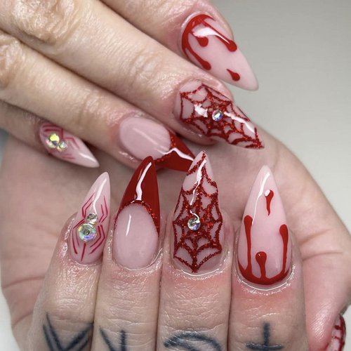 Halloween Press on Nails Almond Medium Fake Nails with Red Blood & Spider Web Designs French Tip Nails Press ons Glossy Glue on Nails Transparent Acrylic Nails Stick on Nails for Women 24Pcs
