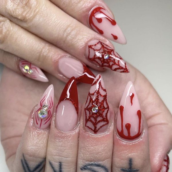 Halloween Press on Nails Almond Medium Fake Nails with Red Blood & Spider Web Designs French Tip Nails Press ons Glossy Glue on Nails Transparent Acrylic Nails Stick on Nails for Women 24Pcs