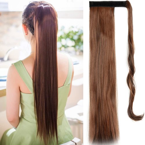 OMGREAT 24" Hair Extensions Ponytail Straight Drawstring Ponytail Hair Piece Wrap Around Long Hair Extensions for Women (Dark Brown Mix Light Auburn)