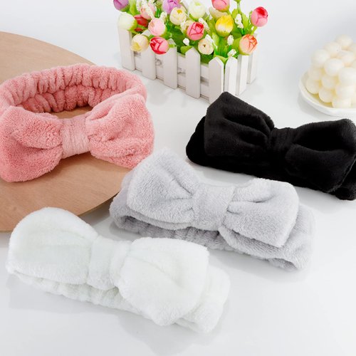 Tihebax Spa Headband – 4 Pack Super Soft Microfiber Makeup Headband for Women Girls Elastic Bow Hair Band for Face Washing Shower Skincare
