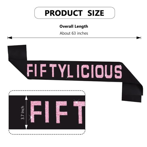 Vuzvuv Fiftylicious Birthday Sash, Funny Birthday Sash for Women, Girls,Men, Birthday Sash with Glitter Letters for Birthday Party Supplies-Pink
