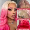 SOKU 13x6 Body Wave Lace Front Wigs 28 Inch Natural Wave Synthetic Wigs with Baby Hair Ombre Pink Lace Frontal Wigs with Light Pink Roots Pre Plucked Glueless HD Lace Wavy Wigs for Women