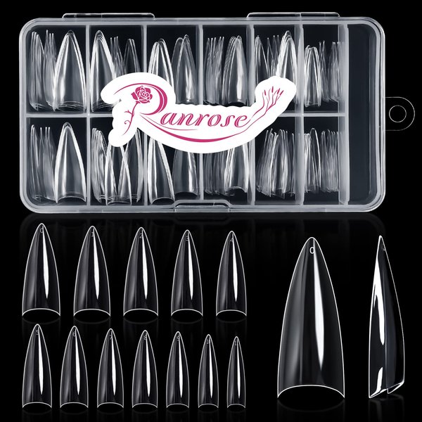 Ranrose 120PCS Short Nail Tips,Short Soft Gel Stiletto Nail Tips Half Cover False Nail Almond Shape Point Acrylic Sharp Artificial False Nail For DIY