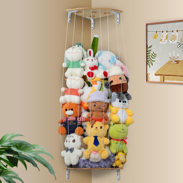 Stalishare Kids Stuffed Animal Storage, Wood Floating Corner Wall Mounted Shelves for Kids Room, Adjustable Length Corner Wall Shelf Toy Organizer Kids Furniture for Bedroom