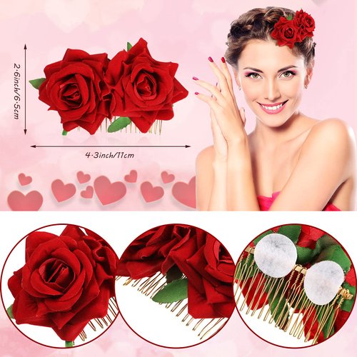 6 Pcs Rose Hair Clip Flower Hairpin Rose Flower Hair Clip Comb Flower Hairpin Rose Brooch Floral Clips Women Rose Flower Hair Accessories Wedding Hair Clip Flamenco Dancer for Women(Red)