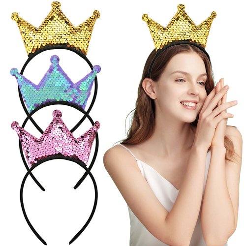 3 PACK Sequins Crown Headband, Queen Crown Headband, Women Hair Band Accessories, Cute Hair Accessories Fit Women Party Take Photos Decorations(3 Colors)