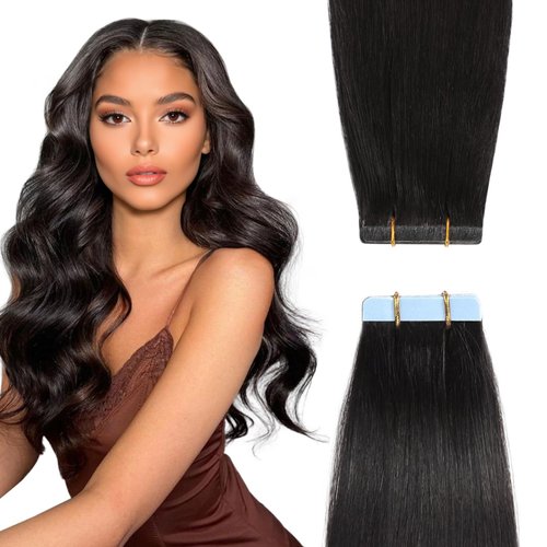 YILITE Tape In Hair Extensions Human Hair #1B Off Black 18inch Invisible Tape In Hair Extensions Seamless Silky Straight Tape Hair Extensions Real Human Hair 20pcs 50g Invisible Tape Ins