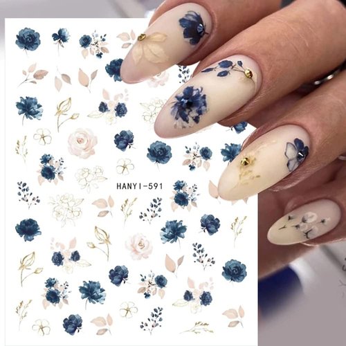 Flower Nail Art Stickers Charming Butterfly Nail Decals Spring Summer Nail Stickers for Nail Art Watercolor Blue Floral Nail Accessories 3D Self-Adhesive Design Nail Decoration for Women 6 Sheets