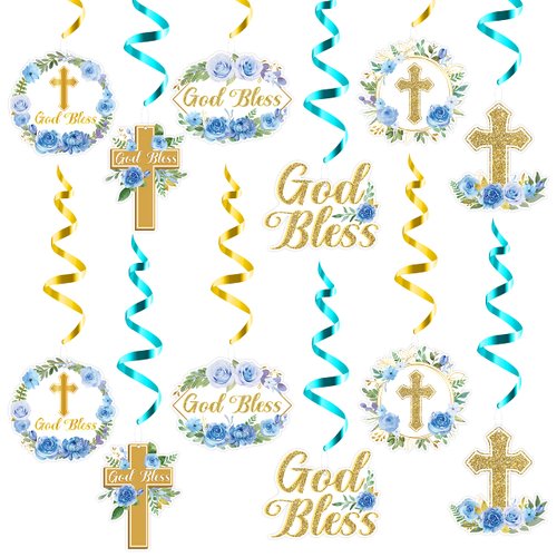 ANGOLIO 30Pcs Blue Floral Cross Hanging Swirls Decorations, Religious Party Supplies Christian Themed Decoration Ceiling Hanging Decor, First Holy Communion Ceremony Party Swirl Hanging Ornaments