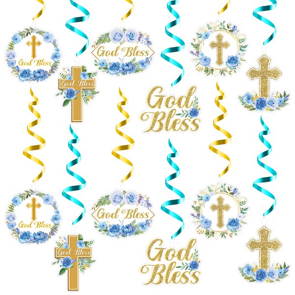 ANGOLIO 30Pcs Blue Floral Cross Hanging Swirls Decorations, Religious Party Supplies Christian Themed Decoration Ceiling Hanging Decor, First Holy Communion Ceremony Party Swirl Hanging Ornaments
