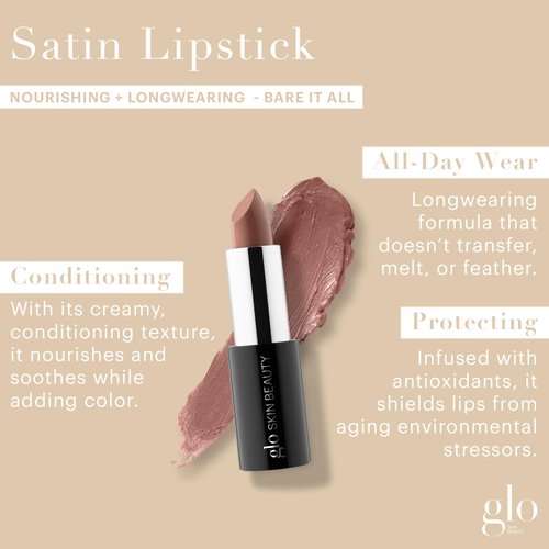 Glo Skin Beauty Satin Lipstick (Bare It All) | Nourishing Longwearing Lip Stick Packed with Skincare Benefits