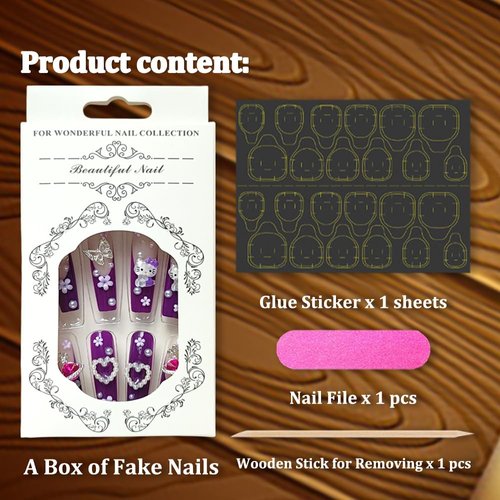 24Pcs Hello Kitty Press on Nails Long Coffin Fake Nails with Glue Butterfly Nail Charms Design Acrylic Nails Supply Cartoon Full Cover False Nails Hello Kitty Stick on Nails for Women Girls