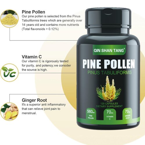 QIN SHAN TANG Pine Pollen Supplement wtih Ginger Root and Vitamin C, 99% Cracked Cell Wall,120 Veggie Capsules