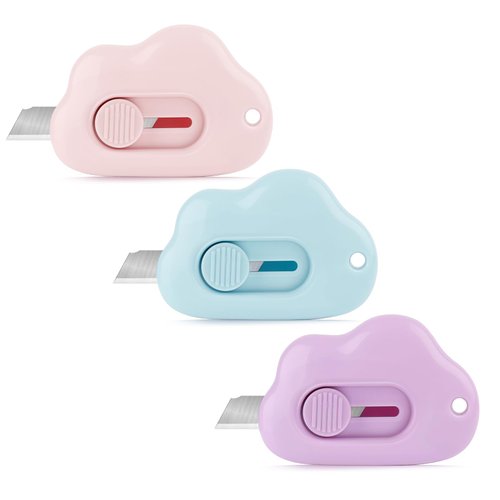 Box Cutters - 3 Pack Retractable Letter Opener, Adorable Cloud Tiny Paper Cutter for Key Chain Pocket Bag Package Envelope Mail Letter Box Paper DIY Projects for Girls and Boys