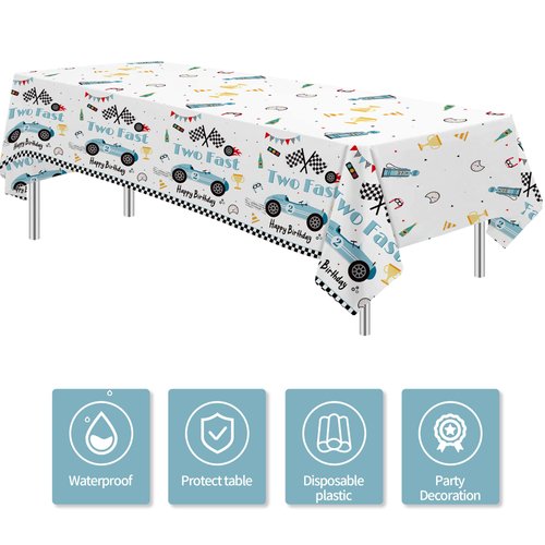 Suhelkit Race Car Two Fast Birthday Decorations Party Tablecloth - Racing Car 2nd Birthday Party Supplies Table Cover, Blue 2 Fast 2 Curious Birthday Decorations Table Cloth | 3 Pack (54in x 108in)