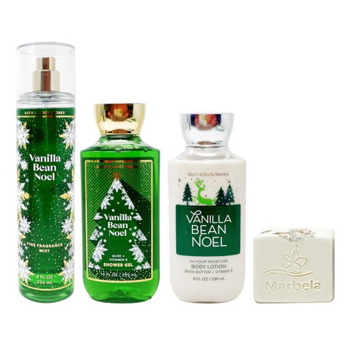 Bath & Body Works Vanilla Bean Noel - Trio Gift Set - Fine Fragrance Mist, Shower Gel and Body Lotion With a Natural Oats Bar Soap.