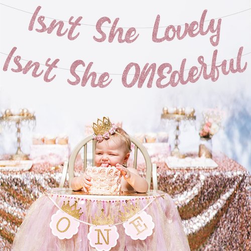 Sursurprise Miss Onderful 1st Birthday Decorations for Girl, Isn't She Lovely, Isn't She Onederful Banner Rose Gold First Birthday Party Supplies