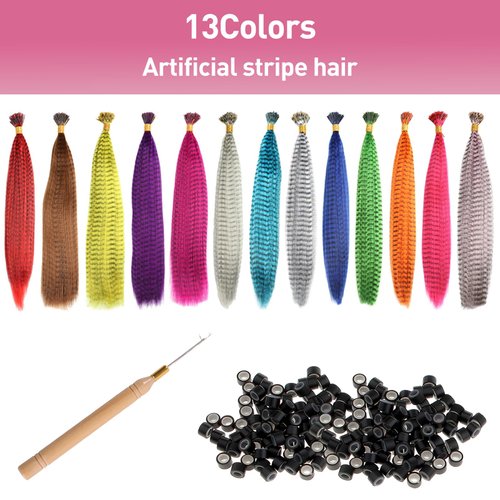 Kootinn Hair Feathers Extension Kit - 13 Colors Mixed Colors Colored Synthetic Feather Hair Extensions Kit (Not Real Feather) with 100 Pcs Silicon Micro Link Beads 1 Crochet Hook Tools Kit (17 Inch)