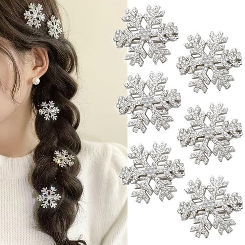 6 Pcs Snowflake Hair Clip Sparkly Rhinestone Hair Barrettes Christmas Accessories for Women, Silver Pearl Snowflake Hairpins Xmas Party Gift Set (Small Pearl Snowflake)