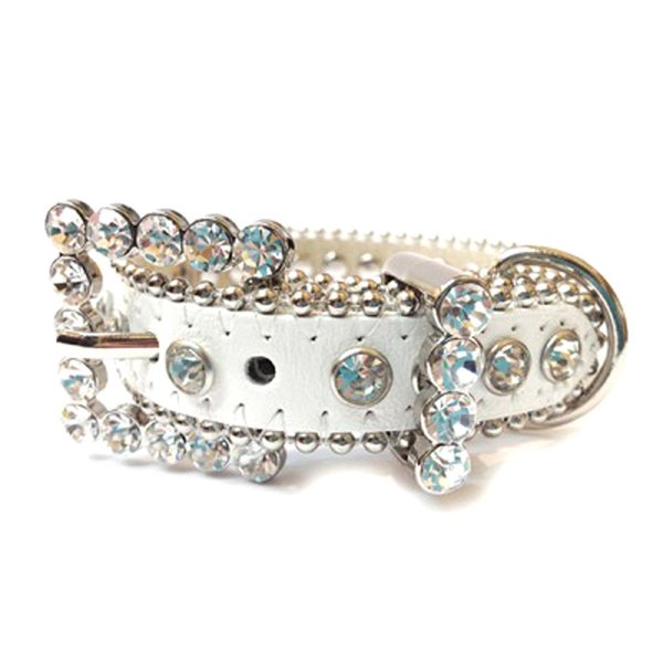 Crazy4Bling White Leather Dog Collar with a Row Clear Rhinestones, Size XS