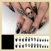 Goth Press on Nails Halloween Almond Fake Nails Horror Skull Black Rose False Nails with Rhinestone Glossy Acrylic Nails Full Cover Stick on Nails Jelly Press on Nails for Women Cosplay Nails 24Pcs
