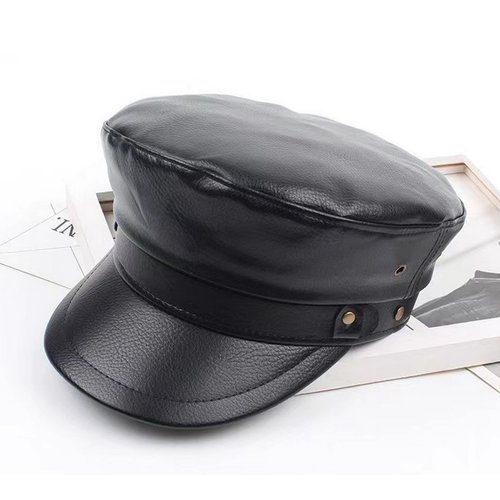 Brcus Women Yacht Captain Sailor Hat PU Newsboy Cabbie Baker Boy Peaked Beret Cap Black#2
