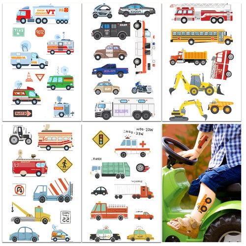 10 Sheets Cars and Trucks Temporary Tattoos for Kids, Birthday Party Favors Supplies, Construction Trucks Decorations Fake Tattoos (OVER 80 styles)