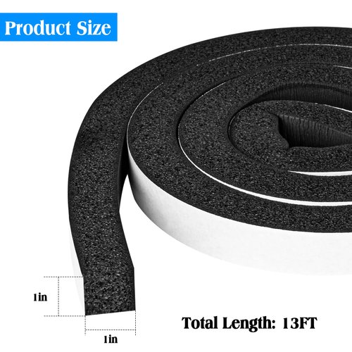 Foam Strips with Adhesive, 1 Inch Wide X 1 Inch Thick, Neoprene Weather Stripping High Density Closed Cell Foam Tape Seal for Doors and Windows Insulation, Total 13 Feet Long(6.5ft x 2 Rolls)