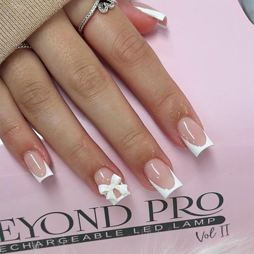 French Tip Press on Nails Short Square Fake Nails White Coffin Nails Tip with Bow Charms Design Acrylic Nails Full Cover Nude Pink Artificial False Nails Stick on Nails for Women Manicure Salon 24Pcs