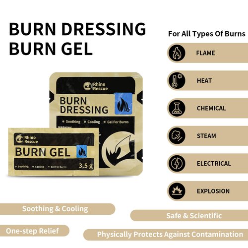 RHINO RESCUE Burn Kit, 4pcs Burn Dressings 4x4”, 8pcs Burn Gel Packets 3.5g, 4pcs Non-Adherent Burn Pads, Burn First Aid Cooling Soothing Cream Relief with Bandage, Nitrile Gloves, Scissors, Tape