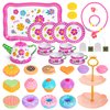 Hohosunlar Kids Tea Party Set for Little Girls, Flower Toy Tin Tea Set with Carry Case, Dessert Play Food Tea Cup Set Teapot Girl Jewelry, Birthday for Girls Kids 3 4 5 6 7 Years Old