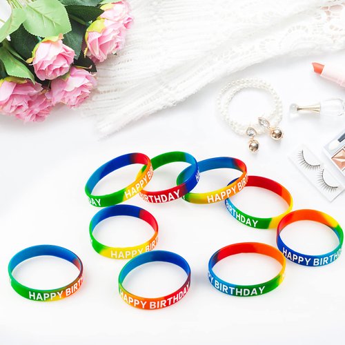 Dminya Happy Birthday Rubber Bracelets Colored Silicone Stretch Wristbands for Birthday Party Supplies Favors 30 Pack rubber bracelets for kids&teens Party Favor Sets