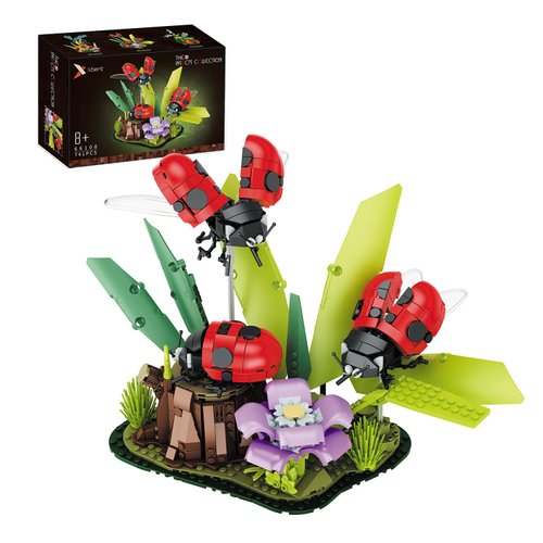 Insect Collection, Ladybug and Geranium Building Set 741pcs with Flower Bouquet Artificial Flowers and Plants, Bugs Building Block Kit for Kids & Adults, Ideal Present for Nature & Ladybugs Fans
