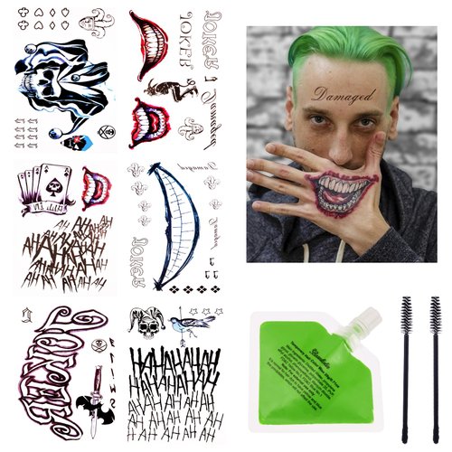 Joker Tattoos and Temporary Hair Color - 6 Sheets Joker Tattoos Temporary and 20g Green Temporary Hair Color Wax Set, Fake Tattoos for Halloween, Parties and Cosplay, 2 Black Eyebrow Brushes
