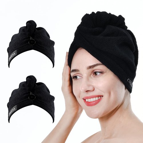COGANA 2Pack Microfiber Hair Towels, Hair Towel Wrap for Women, Hair Drying Towel with Button, Hair Wrap Towel for Curly Hair, Hair Turban for Wet Hair(10Wx28L, Black)