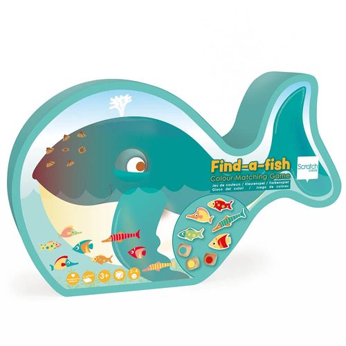 Scratch Game: FIND-A-Fish/Colour Matching Game, with 40 Colourful Fish (8x3cm) and 3 Wooden dice, in Contour Box 31x19.3x6.5cm, 3+