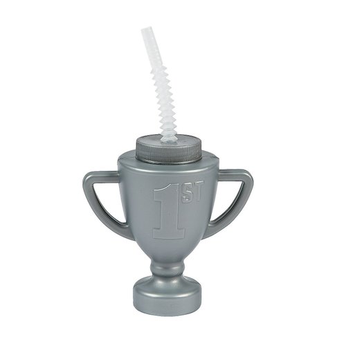 Fun Express Set of 12 Race Car Trophy Cups with Straws, Each Holds 14 oz, BPA Free Plastic, Car Birthday Party Favors and Supplies, Gray