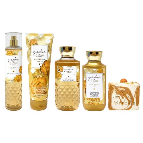Bath & Body Works Gingham Glow Deluxe Bundle with a Peach Gardenia Bar Soap - Fragrance Mist - Body Cream - Body Wash and Body Lotion - Full Size