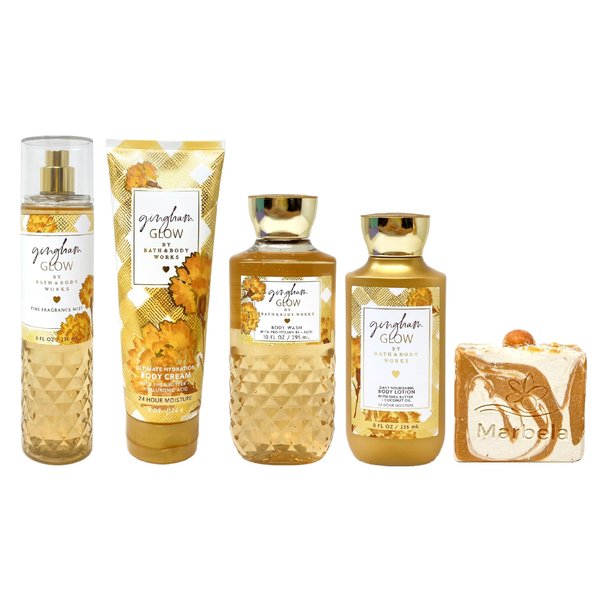 Bath & Body Works Gingham Glow Deluxe Bundle with a Peach Gardenia Bar Soap - Fragrance Mist - Body Cream - Body Wash and Body Lotion - Full Size