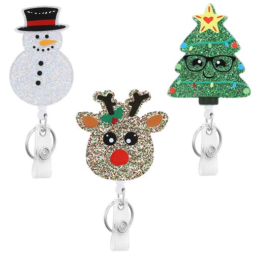 3 Pack Christmas Badge Reel Retractable, Nurse ID Name Card with Alligator Swivel Clip, Cute Elk Snowman Christmas Tree Badge Holder for Nurse Student