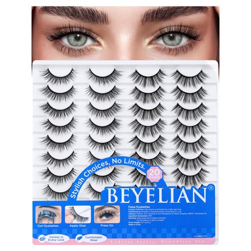 BEYELIAN False Eyelashes 20 Pairs Strip Lashes Natural Look, Soft and Lightweight Wispy Fake Lashes Fluffy 3D Volume Faux Mink Lashes, Reusable, Easy to Apply (20P-HSCS-MIX-1)